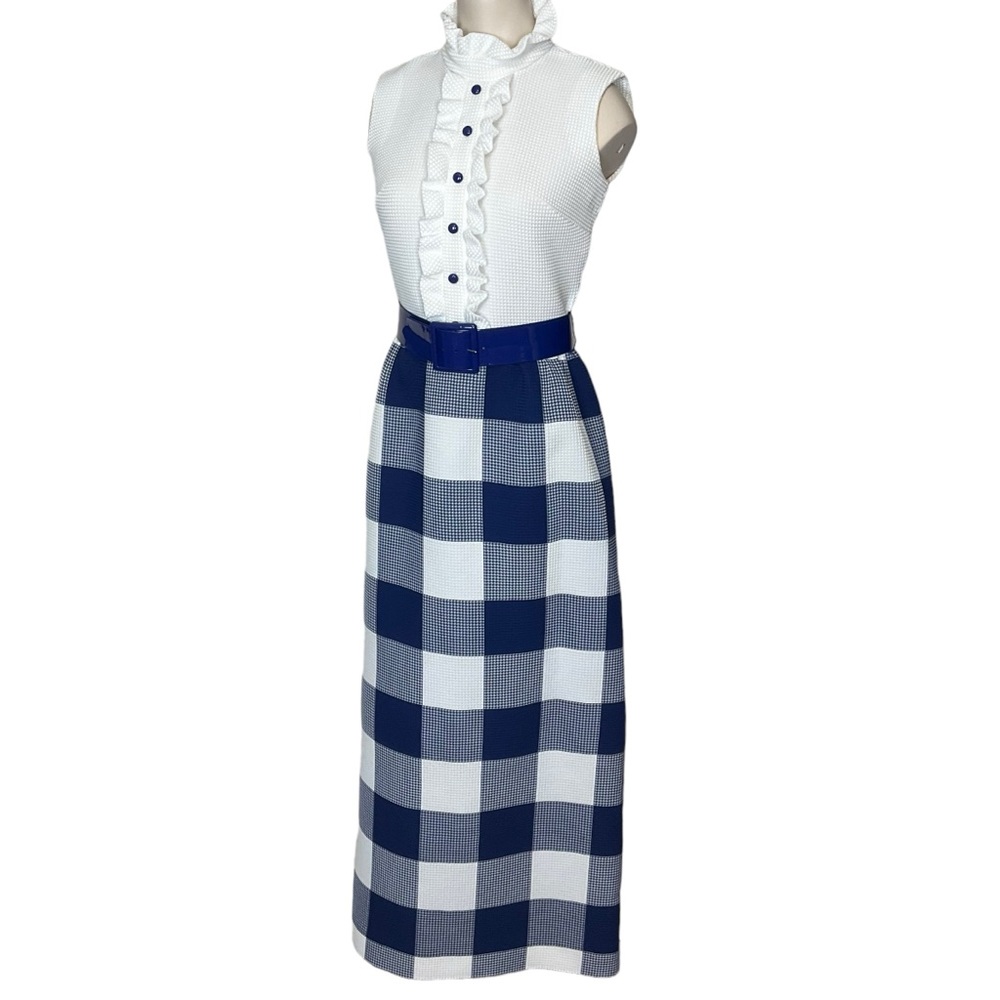 vtg JERRIE LURIE sz 8 Dress Maxi Sleeveless Front Ruffle Belted White Blue